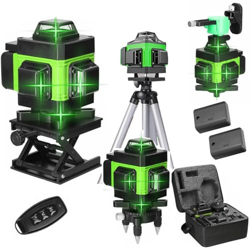 Nivel Láser 4 x 360°, Nivel Láser Horizontal Vertical Autonivelante, Niveles Verdes con Función Autonivelante, con 2 Baterías Recargables 2600 mAh (Con trípode)