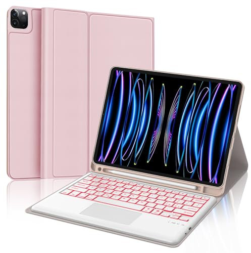 SENGBIRCH Custodia con Tastiera per iPad Pro 12,9 6ª/5ª/4ª/3ª Generazione, Layout Italiano Tastiera Wireless Staccabile Bluetooth Retroilluminata a 7 Colori con Trackpad, Rosa