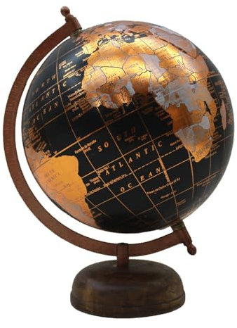 Weltkarte auf Standfuß Globus in intensivem Schwarz und Orange, Holzfuß und Höhe 28 cm