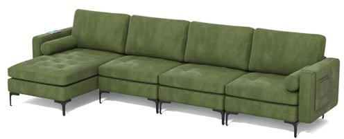 Modular L-shaped Sectional Sofa Couch Army Green Suede Fabric Living Room Sets Upholstered Comfy Spacious Sofas Bed Couch with Reversible Chaise Lounge 2 Bolsters Detachable Structure for Lounge Room