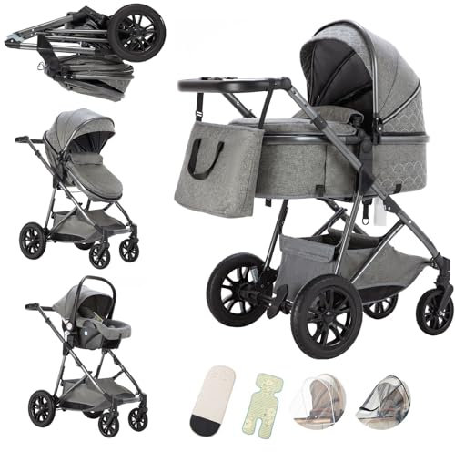 Lnhcrbs Kinderwagen 3 in 1, Kinderwagen Faltbarer Schlafkorb, Bergsteiger Kinderwagen, Verstellbarer Griff, Die Autositze Entsprechen Der ECE R129, Regenschutz Und Moskitonetz, 0-3 Jahre