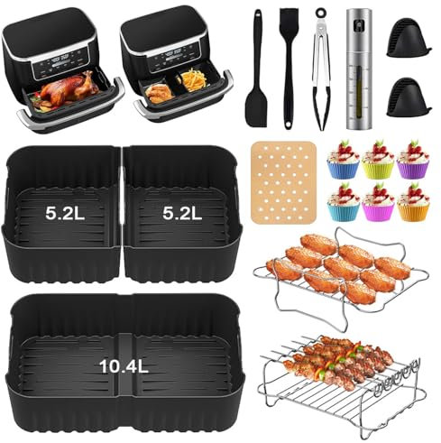SIOOUI Silicone Air Fryer Liner for Ninja Foodi Flexdrawer AF500UK/AF500UKCP, 1 x 10.4 L+2 x 5.2L Dual Zone Air Fryer Accessories Includes Airfryer Baskets, Grilling Rack, Gloves, Tong, Oil Brush