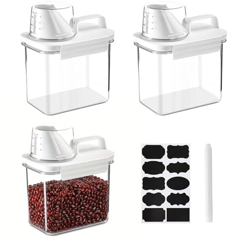 Lot de 3 distributeurs de lessive hermétiques de 1100 ml avec verre doseur et 8 autocollants, 1 marqueur, récipient multifonction pour poudre à laver, détergent, céréales, riz