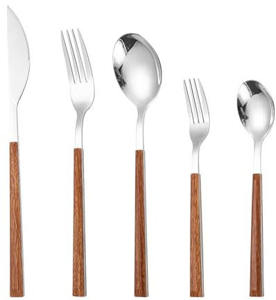 Pleafind Cubiertos,5 piezas juego de Cuberterías,Cubertería acero inoxidable, Vajilla dorado que incluyen cuchara, cuchillo, tenedor,cuchillo de carne, apto para lavavajillas (A)