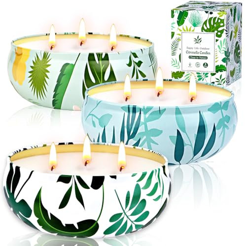 Citronella Kerze Outdoor Groß, 3 x 400ml Draußen Kerzen 3 Docht Natürliche Sojawachs Zitronella Candle Garten Citronella Duft Kerze Indoor Beste Geschenk für Camping Picknick Terrasse - 90h Brenndauer