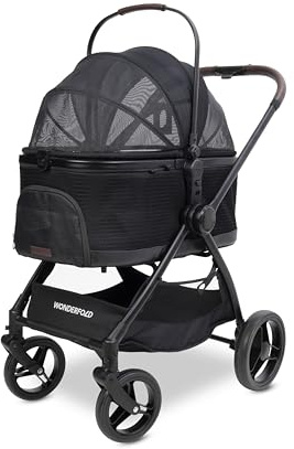 Wonderfold P3 Haustier?Buggy – Faltbarer, leichter & reisefreundlicher Hundebuggy/Katzenbuggy mit Mesh?Fenstern, umkehrbarem Griff, Sicherheitsleine & großem Stauraum – Schwarz