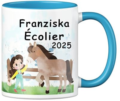 LOOXIS Mug personnalisée pour enfants avec nom, texte et motif - 325ml, céramique, différentes couleurs - Idée cadeau garçon, fille, rentrée scolaire, maternelle - bleu, chevaux