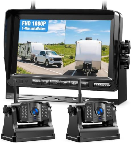 Rückfahrkamera Kabellos Dual Rückfahrkamera Funk: 7 Zoll 1080P FHD Monitor | 4 Bildschirm Display, 9600mAh Wiederaufladbare Akku, 1-Min Einrichtung, IP69K Wasserdicht für Wohnmobile,Anhänger und LKWs