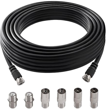 KUOQIY 5m 75 Ohm Cable Coaxial RG6, F Macho a F Macho Alta Velocidad Cable Antena TV RG6, con 6 Piezas Acopladores de Extensión, para Caja de Cables, TV, Satélite, Enrutador Digital, Negro