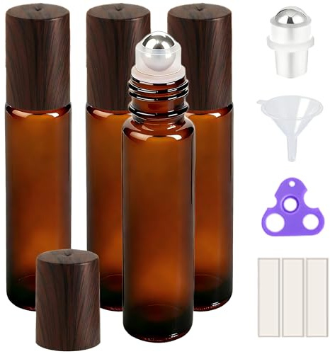 PrettyCare Essential Oil Roller Bottles 10ml (Glass Bottle, Extra Stainless Steel Roller Balls, Labels, Openers, Funnels Roller Balls For Essential Oils, Roll on Bottle, Amber with Wooden Cap, 4 Pack