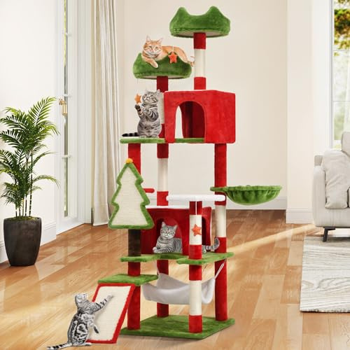 DWVO 190cm Weihnachts Katzenbaum, Katzenhaus mit Plüsch-Sitzgelegenheiten und Sisal-Kratzstämmen, hoher Katzenkratzbaum zum Spielen und Schlafen