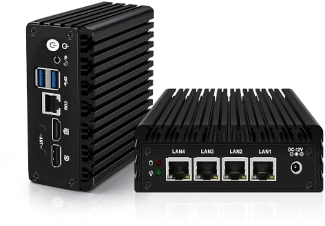 ROUAFWIT Micro Firewall Appliance, Fanless Mini PC J3710 4C/4T, 4x 2.5 GbE i225-V LAN,AES-NI,DDR3 8GB SSD 256GB Router Netzwerk Security USB3.0/HD/DP/Console RJ45 Port/Wi-Fi, Dual Display