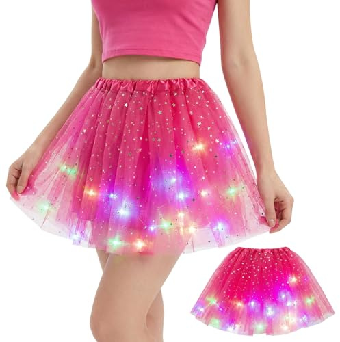 Fancysky Tüllrock Damen LED,40cm,Tütü Erwachsene,Sterne Pailletten Tanzkleid,Dehnbaren Minirock mit LED Lichter,Geeignet für Karneval, Maskenbälle, Partys, Musikfestivals