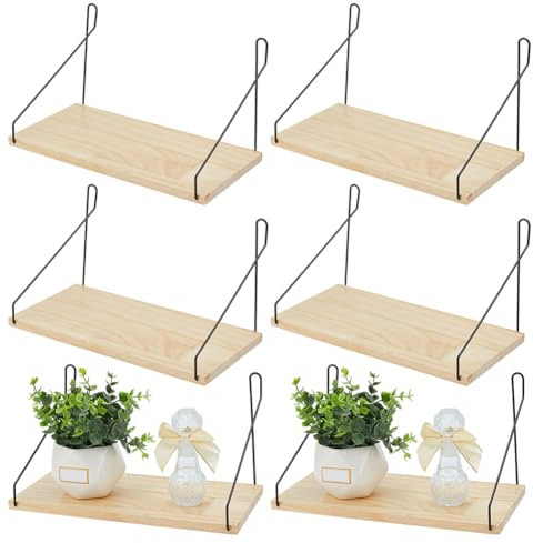 GOMAKERER 6 Pack Wood Hanging Shelves, 13.8 Inch Swing Rope Floating Shelf Rustic Boho Wall Shelf Window Plant Shelves Home Organizer Rack for Living Room Bathroom Kitchen Decor