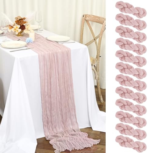 12 Stück Tischläufer Rosa 45x275 cm Staubiges Rosa Boho Gaze Käsetuch Tischläufer für Hochzeit, Party, Babyfeier, Brautshower, Geburtstag-Dekorationen