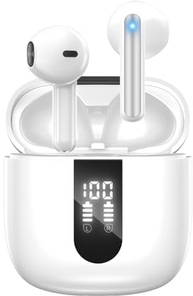 JBES Wireless Earbuds Bluetooth Earphones, 60H Deep Bass Ear Buds with 6 Noise Cancelling Microphone, IP5 Waterproof in Ear Headphones for iPhone Android Sports Gaming (White)