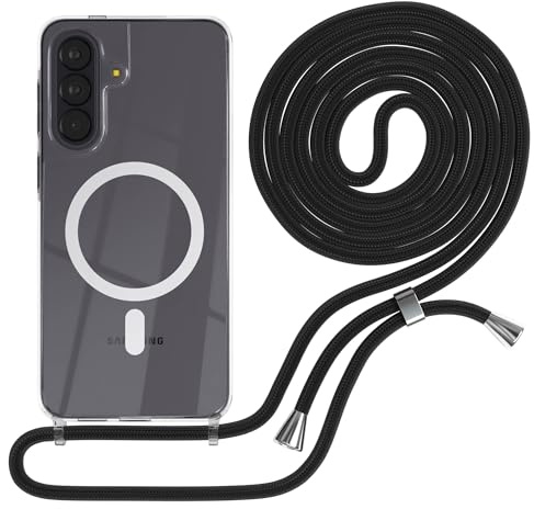 EAZY CASE - Handykette kompatibel mit Galaxy A57 Kette zum Umhängen Stoßfest Handyhülle für Galaxy A57 Silikon Hülle mit Band Handytasche Transparent als Fallschutz in Schwarz - Clips Schwarz