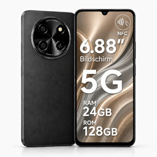 2026 Neu Smartphone 5G, Handy Ohne Vertrag Android 15, 6.88 120Hz Display, NFC, 24GB+128GB/2TB TF, 5000mAh,Dual SIM,Ultradünn & Leicht,18W,16MP+8MP, Fingerabdruck,Face ID Simlockfreie Handys,Schwarz