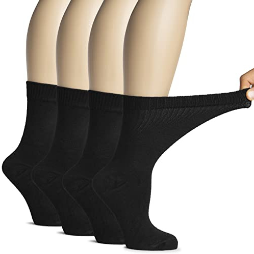Hugh Ugoli Chaussettes Mi-mollet Diabétiques Femme en Bambou, 4 pairs, Ultra Douces, Fines & Respirantes | Sans Couture & Bord Non Comprimant | Idéales pour Chevilles Gonflées | Noir, 36-39