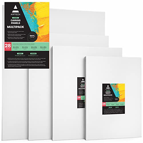 Arteza Malkarton, 22.8x30.4 cm, 27.9x35.5 cm, 30.4x40.6 cm, 40.6x50.8 cm 28er-Multipack, weiße grundierte Leinwand 100% Baumwolle, für Malerei, Acrylgießen, Ölfarben, Malpappe für Profis & Hobbymaler