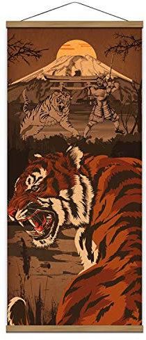 Kunstdruck auf Leinwand, Motiv: Samurai-Geist mit wildem Tiger, japanischer Retro-Krieger, Holzrahmen, zum Aufhängen, für Zuhause, Karate, Halle, Sushi, Restaurant, Dekoration, 40,6 x 88,9 cm