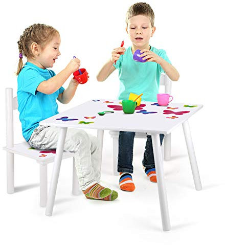 leomark tavolo e 2 sedie in legno - Farfalle - set da cameretta per bambini, gioco di gruppo in classe, mobili Multicolore, stanza dei bambini, Dim: Altezza: 42 cm