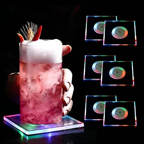 6 Stück Bunt LED Untersetzer für Getränke, TYXSHIYE -Ein/Aus LED Einweg Untersetzer, Wasserdichte Leuchtuntersetzer für Flaschen, Acryl Untersetzer Quadrat für Partys Hochzeiten Bar Weihnachten