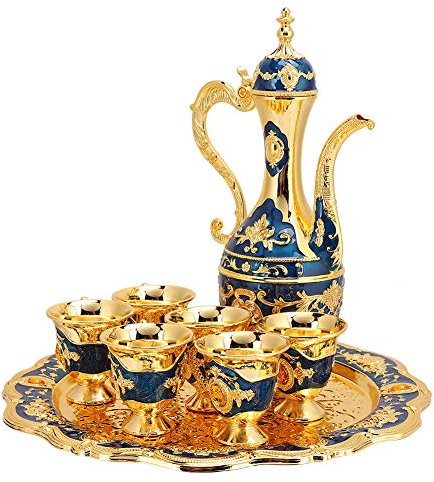 Set da tè Turco, Teiera Vintage Marocchina in Metallo Russo Samovar Bicchiere Vino Fiaschette con Manico Caffe Servizio Tazza Bollitore Persiano Caffè Bere Decorazioni Casa Regalo di Nozze(Blu)