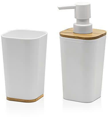 Set Accessori Bagno in Finitura Bianca Opaca con Dettagli in Bamboo, Completo di Dispenser Sapone Liquido e Porta spazzolini