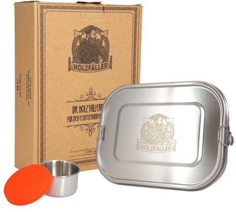 Viwanda Holzfällerbox | Brotdose Edelstahl Premium 1400 ML | Auslaufsichere Lunchbox mit Trennwand, extra Silikondichtung & Saucen Behälter - Brotbox Erwachsene & Kinder - BPA-frei - Bentobox