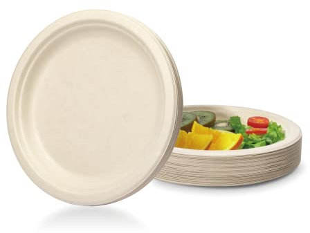 Einwegteller 50 Stück Pappteller Recycling Zuckerrohr Bagasse Einwegbesteck 100% Natürlich Kompostierbare Pflanzenfaser Umweltfreundliche Partyteller Einmalgeschirr-natürlich,22.8cm