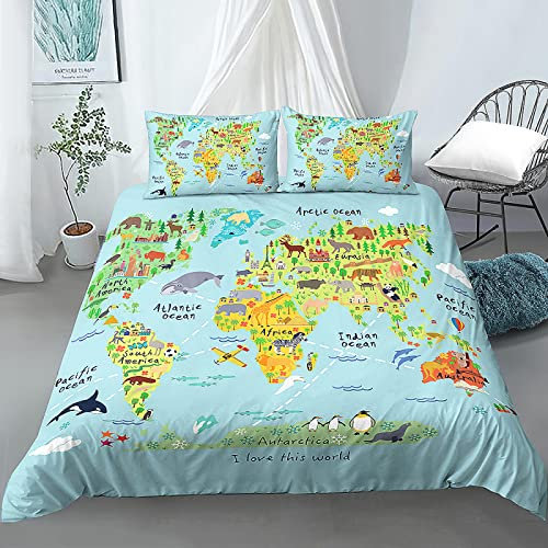 LSYW Bettwäsche 135x200 Blaue Weltkarte Bettwäsche-Set mit Reißverschluss Schließung für Kinder Mädchen Weicher Atmungsaktive Mikrofaser Bettbezug + 2 Kopfkissenbezug 80x80 cm