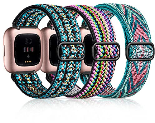 Dirrelo 3 Stück Nylon-Armband, kompatibel mit Fitbit Versa 2 Armband/Fitbit Versa/Fitbit Versa/Fitbit Versa Armband für Damen und Herren, elastisch, verstellbar, für Fitbit Versa 2/Versa/Versa