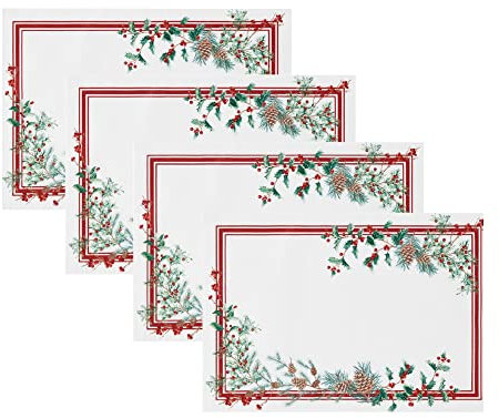Elrene Home Fashions Winter Holiday Berry Christmas Fabric Placemat Set of 4, 13x19, Multi