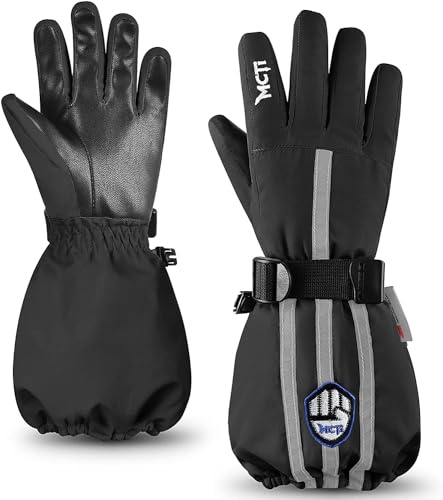 MCTi Kinder Skihandschuhe Wasserdicht Warm Schnee Winter Handschuhe Lange Stulpe Fleece gefüttert mit reflektierendem Riemen Jungen Mädchen