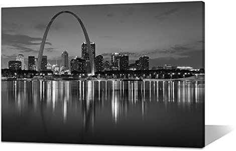 uoppoum St. Louis Skyline Wandkunst, gerahmte Drucke, The Gateway Arch at Twilight Leinwand-Wanddekoration, Schwarz-Weiß-Bild, US-Missouri, Stadtblick, Gemälde Poster, fertig zum Aufhängen, 91,4 x 61