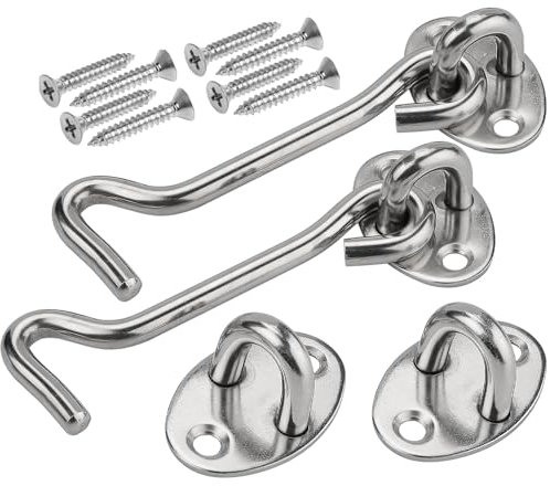 DKBT 4inch Sturmhaken mit öse Edelstahl 2 Stück Riegel Tür Sturmhaken,Kabinenhaken Groß,Fensterhaken Sturmhaken mit 8Stk Montage Schrauben für Garagentor Fenster Scheunentor Türschlösser(Silber)
