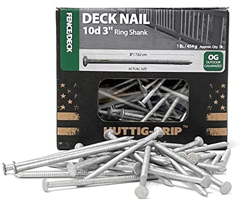 Huttig-Grip Fence Deck Nails 3 inches 10d for Wood Fencing HGN10OGRSDK1 Ring Shank Outdoor Galvanized Finish, 1 lb Pack of 78 Nails
