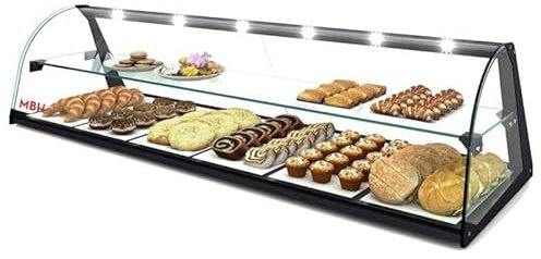 MBH - Vitrine à Poser Professionnelle Neutre 84 cm avec eclairage LED pour Restaurant, pâtisserie et Boulangerie. Présentoir incurvé vitrée sur comptoir 2 étagères pour pâtisseries et viennoiseries.