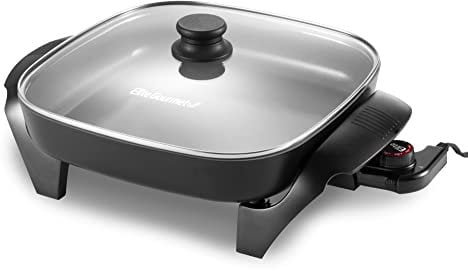 Elite Gourmet EG2212 - Sartén eléctrica con revestimiento de cerámica saludable de 12 x 12 x 2.1 pulgadas, apta para lavavajillas, calentamiento rápido, 1200 W, gris oscuro