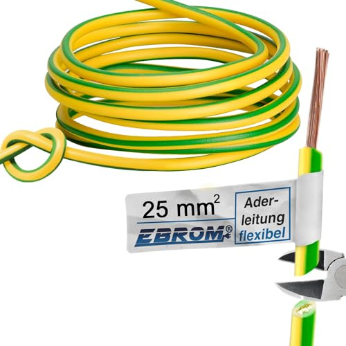 EBROM Aderleitung Erdungskabel H07V-K grün/gelb 25 mm², Ihre Länge 5 Meter | 5 bis 100 Meter - FLEX (K = flexibel feindrähtig 99,9% OFC Kupfer, Vollkupfer) 1 x 25 mm2 - Schutzleiter, Verdrahtungsleitung