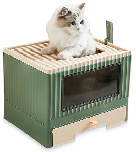 KATTYPET Große Katzentoilette mit Deckel, faltbar, überdachte Katzentoilette, oberer Eingang, Spritzschutz, leicht zu reinigen (beige und grün)