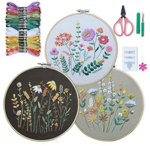 QUANMAITONG Stickset für Erwachsene - Blumenmuster Pflanzen Embroidery Kit für Anfänger, Stick And Poke Set, Stickbilder Mit Holzrahmen, DIY Kreuzstich