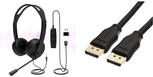 USB Headset with Microphone, 3.5mm/USB Jack 2-In-1 Computer Headset & Amazon Basics DisplayPort 1.4 Cable, 32.4Gbps High-Speed, 8K@60Hz, 4K@120Hz, Dynamic HDR and 3D, Gold-Plated Plugs, 1.8 m, Black