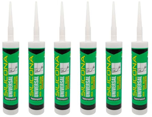 Tradineur - Pack de 6 botes de silicona universal en cartucho, incluye cánula, sellador de juntas, rellenador, alicatados, cocina, baño, ventanas, bricolaje, fabricado en España (Transparente, 280 ml)