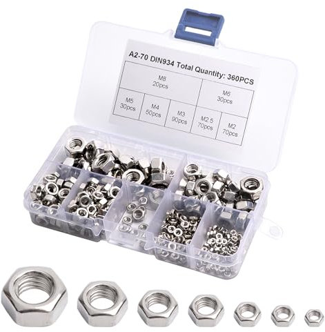 AMZSKU Set di Dadi Esagonali Autobloccanti A2-70 in Acciaio Inox - 360 Standard - 7 Dimensioni M2 M2.5 M3 M4 M5 M6 M8