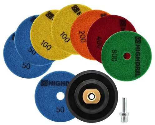 HIGHDRIL Disco Pulido Diamante Set - 8 Piezas 100mm Grano #50x3/100x2/200/400/800 Almohadilla Pulir Suelo + M14 Soporte Caucho + Adaptador para Abrillantar Mármol Granito Hormigón Piedra