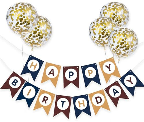 Meowoo Banner Happy Birthday Girlande mit 5 Goldenen Latexballons, Geburtstag Deko Zubehör Party Dekoration Banner und Ballon Set Geeignet für alle Altersgruppen (Rot-Gelb-Blau 3 Farben)