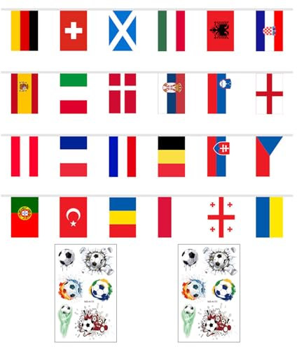 1 Piece Of 24 European Cup Decoration Flags, 2 Football Tattoo Stickers, European Cup Event Decoration Supplies, Football Party Decoration Banners