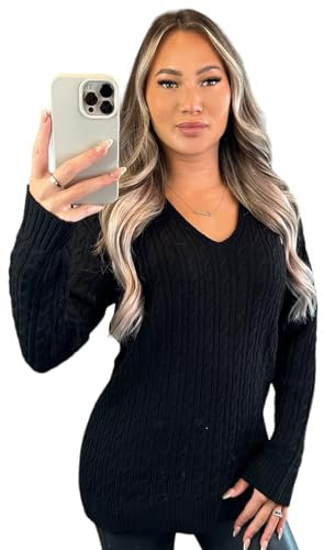 Stylish Doll Long Sleeve V-Neck Knitted Cable Women's Jumper Knitted Sweater Pull Over Jumper Top Knit Warm Winter Everday Chunky Casual Pullover Ladies Plain Tops UK (Black, 12-14)